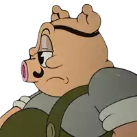 a cartoon pig with a mustache and a gray shirt