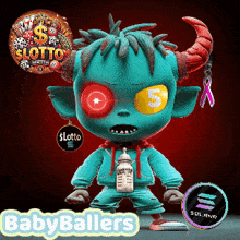 a cartoon character with horns and a bottle with the words babyballers on the bottom