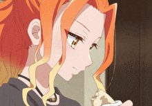 a drawing of a girl with red hair and yellow eyes