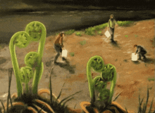 a painting of a group of people looking at a plant