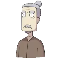 a pixel art drawing of an old man with a bun on his head pointing up