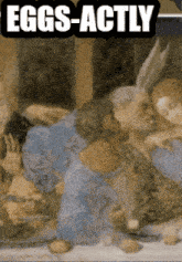 a painting of a group of people with the words " eggs-actly " at the top