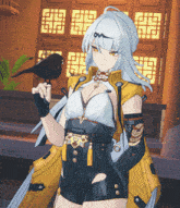 a girl with white hair is holding a black bird on her hand