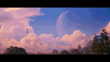 a pixel art painting of a cloudy sky with a planet in the background
