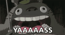 a cartoon character with a sword in its mouth and the words yaaaaass written on the bottom