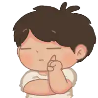a cartoon drawing of a boy with his eyes closed and his hand on his face