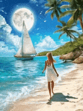 a woman in a white dress walking on the beach with a sailboat in the background