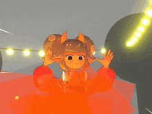 a cartoon character with horns is wearing an orange hoodie