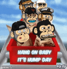 a group of monkeys are riding on a roller coaster with the words hang on baby it 's hump day