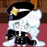 a cookie from a video game is wearing a black hat and a black coat .