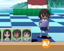 a cartoon girl is standing in front of a checkered floor and a sign that says ' a ' on it
