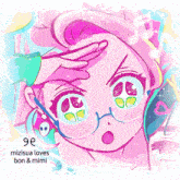 a drawing of a girl with the words mizisua loves bon & mimi below it