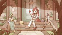 a girl sits on the steps of a building with a sign that says " happy birthday "