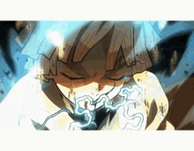 a close up of a person 's face with a blue lightning bolt coming out of it