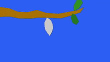 a drawing of a tree branch with a green leaf and a white leaf hanging from it