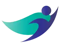 a blue and green logo of a person with wings