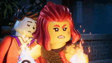 a woman with red hair and a x on her face is standing next to a man