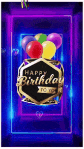 a happy birthday greeting card with balloons and candles .