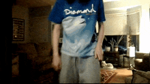a person wearing a blue diamond shirt stands in a living room