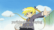 a girl in a suit and tie is holding a volleyball with the words yurihimejoshi playing volleyball below her
