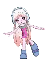 a pixel art drawing of a girl with headphones on