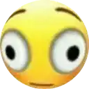 a close up of a yellow smiley face with big eyes and a surprised look on its face .