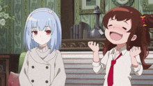 two anime girls are standing next to each other and one is smiling