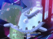 a group of people standing in a room with the words ke tu do ba ta da nghien cuu