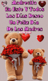 two teddy bears holding bouquets of red roses on a spanish poster