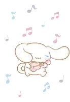 a cartoon illustration of cinnamoroll playing an ukulele surrounded by music notes