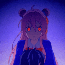 a girl with pink hair and red eyes is standing next to a boy
