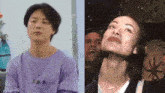 a man in a purple shirt is next to a woman in a white shirt