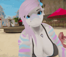 a cartoon character with pink hair and blue eyes is standing on a beach