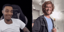 a man in a white shirt is smiling next to a man with red hair
