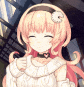 a girl with blonde hair and a clock on her head smiles