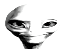 a black and white drawing of a smiling alien 's face