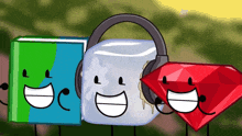 a book ice cube and a ruby are all smiling with headphones on