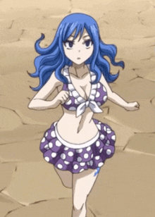 a girl with blue hair and a polka dot bikini