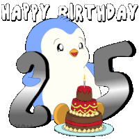 a birthday card with a penguin holding the number 25