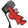 a pixel art drawing of a red stuffed animal holding a briefcase .