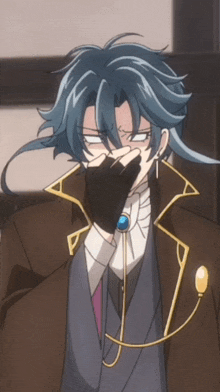 a blue haired anime character covering his mouth with a hand