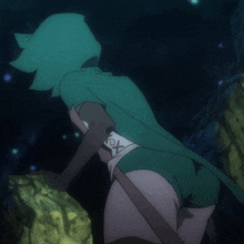 a girl in a green hooded cape has the letter x on her back