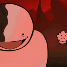 a cartoon character is smiling in front of a red background with mountains