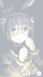 a girl with glasses and bunny ears is looking down at something