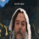 a group of people standing in front of mountains with the word doombreaker on the bottom right