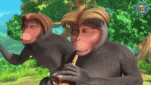 two cartoon monkeys are playing a flute in a forest and the monkeys are from a cartoon called power kid