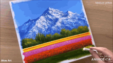 a painting of a mountain with a rainbow of colors is made by wow art