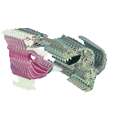 a drawing of a dragon with a pink wing and a green tail