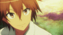 a close up of a anime character 's face with a sunset in the background