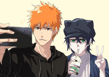 two anime characters are taking a selfie with their phones